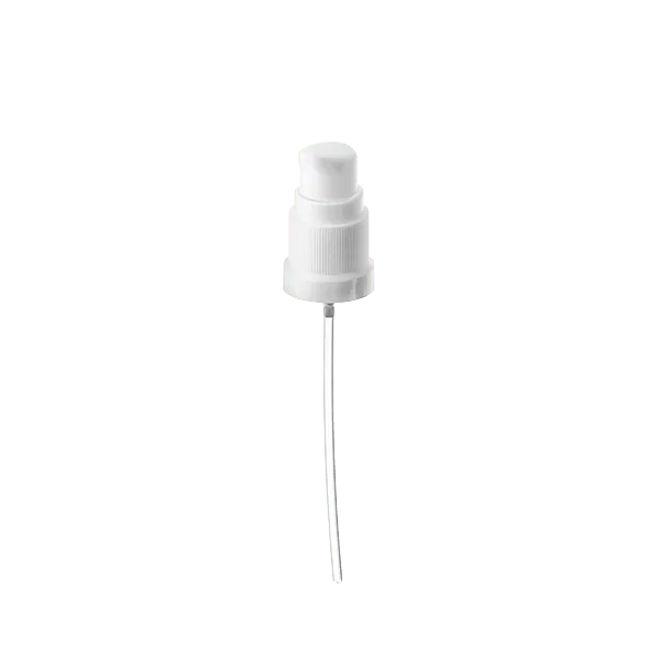 The image shows the Calaso PP Pump DIN18. The pump is predominantly white with a smooth, cylindrical body. It features a ribbed texture on the screw cap for better grip. The pump mechanism includes a long, thin nozzle that extends outward, suitable for dispensing liquids. The design appears sleek and functional, ideal for use with various bottles.