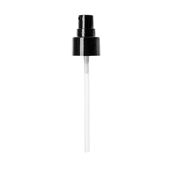 The image shows a Calaso PP Pump 24/410 FPB15A3C007. The product is a plastic pump dispenser with a smooth, cylindrical body and a flat top. The pump features a standard 24/410 neck finish, making it compatible with various bottles. The pump has a long, narrow nozzle for precise dispensing of liquids and a ribbed collar for easy grip and secure attachment. The overall design is sleek and functional, suitable for dispensing a variety of liquid products.