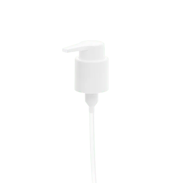 The image shows the Calaso PP Pump 24/410. It is a plastic pump dispenser with a white finish. The pump features a ribbed collar for easy grip and a slender, elongated nozzle for precise dispensing of liquid products. The design is straightforward and functional, ideal for use with bottles containing lotions, soaps, or other similar liquids.
