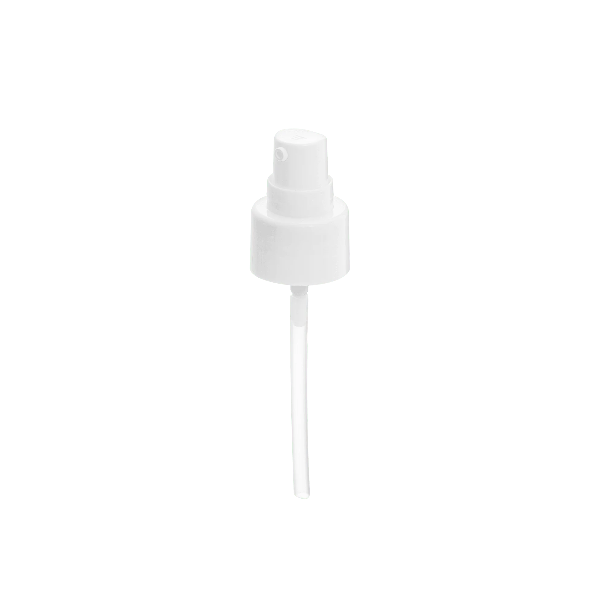 The image shows the Calaso PP Pump 24/410 FPB15A3C005-001. It is a white plastic pump dispenser with a smooth, cylindrical neck and a ribbed top for easy grip. The pump stem is also visible, extending downward from the base of the pump mechanism.
