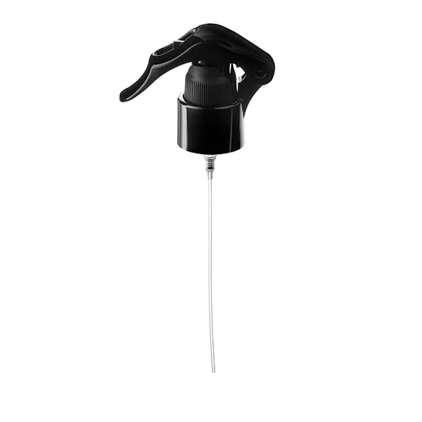 The image shows the Calaso PP Sprayer 24/410. The product is a plastic spray nozzle with a ribbed collar for better grip and an adjustable spray head. The spray head is white and features a small, protruding nozzle for dispensing liquids. The collar is designed to attach securely to compatible bottles. The overall design is functional and suitable for a variety of liquid dispensing needs.