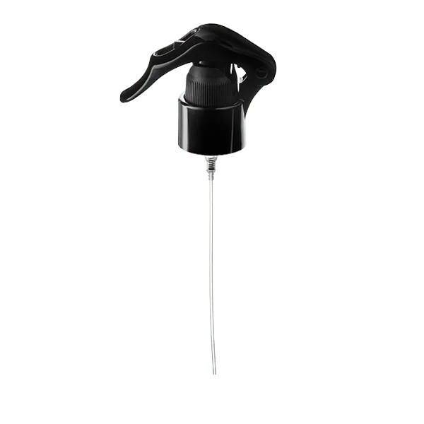 The image shows the Calaso PP Sprayer 24/410. This product features a white plastic trigger spray head with a long, thin nozzle. The sprayer has a ribbed collar for secure attachment to bottles and a built-in trigger for easy operation. The design appears ergonomic and functional, suitable for dispensing liquids in a controlled manner.