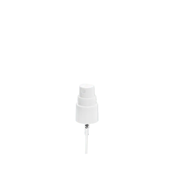 The image displays the Calaso PP Sprayer 24-410 FPB15A3B011-001. This product features a sleek, cylindrical design with a smooth, white plastic body. The sprayer is equipped with a matching white nozzle and a clear cap to protect the spray mechanism. The neck of the sprayer has a standard 24-410 thread size, making it compatible with various bottles. The overall appearance is clean and functional, ideal for dispensing liquids in a controlled manner.