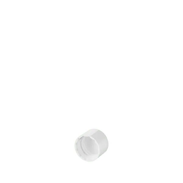 The image displays the Calaso PP Threaded Closure 18/400 (MCB05A1A001-001). It features a small, cylindrical, white plastic cap with a smooth, flat top and threaded sides designed for secure sealing. The closure appears clean and neatly manufactured, intended for use with compatible containers.