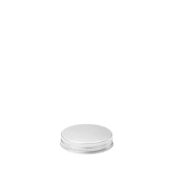 The image shows the Calaso Aluminum Threaded Closure 48-400. It features a sleek, silver-colored aluminum cap with a smooth, slightly reflective surface. The cap has a threaded design, allowing it to be securely screwed onto compatible containers. The top surface is flat and unadorned, giving it a clean and minimalist appearance.