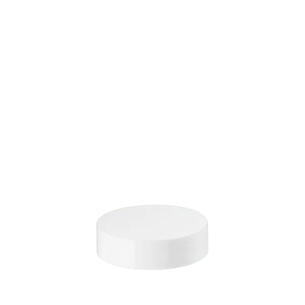 The image displays a white plastic threaded cap known as the Calaso PP Threaded Closure 64 Special. The closure has a smooth, glossy finish with a flat top surface. The threading is visible on the inside of the cap, designed to securely fit onto a corresponding container. The overall design is simple and functional, aimed at providing a secure seal.