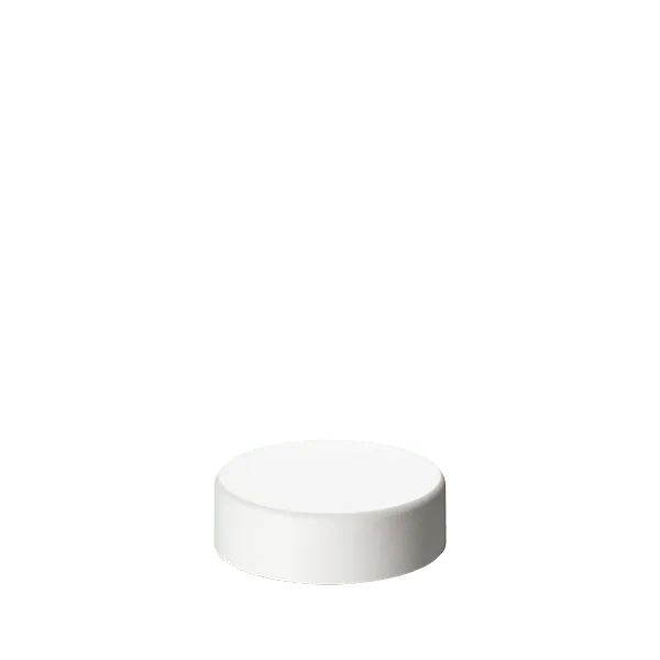 The image shows the Calaso PP Threaded Closure 49 Special. It is a cylindrical, white plastic cap with a smooth surface. The cap's outer edge features vertical ridges for grip, and it has a flat top. The closure is designed to screw onto a container, providing a secure seal.
