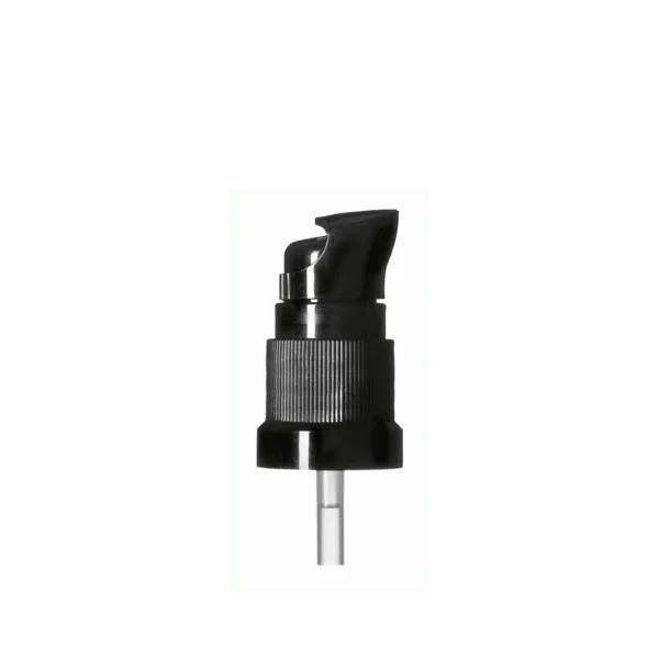 The image displays the Calaso PP Pump DIN18. It features a sleek, cylindrical pump dispenser with a smooth, glossy white finish. The pump has a ribbed texture at the base of the nozzle for easy grip and operation. The nozzle itself is slightly curved, designed for efficient dispensing of liquid products. The overall design is clean and modern, suitable for various personal care or cosmetic products.