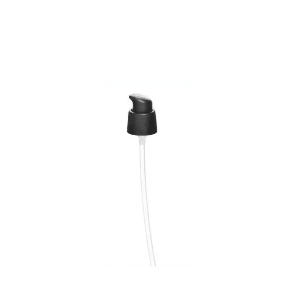 The image shows a white, plastic pump with a smooth cylindrical body and a ribbed actuator, designed for dispensing liquid products. The product name is "Calaso PP Pump 18/400." The pump has a standard 18/400 neck finish, suitable for screwing onto compatible bottles. The actuator is designed to be pressed down to dispense the product, and the pump includes a dip tube to reach the liquid inside the container.