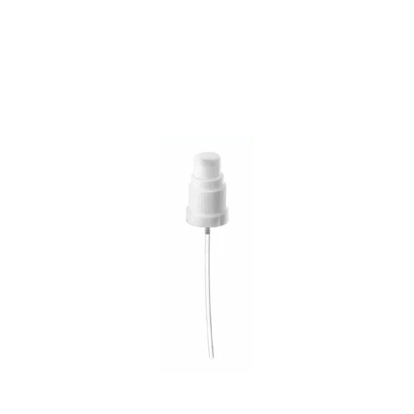 The image shows the Calaso PP Pump DIN18. It is a sleek, white plastic pump with a long, slender nozzle and a ribbed, cylindrical base designed to fit onto bottles with a DIN18 neck finish. The pump features a smooth, glossy surface and appears to have a sturdy and functional design suitable for dispensing liquids.