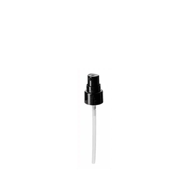 The image displays the Calaso PP Pump 20/410 FPB09A3C003-200. It features a white plastic pump dispenser with a ribbed collar and a long, slender dip tube extending downward. The pump head is smooth and rounded, designed for easy pressing. The overall design is sleek and functional, suitable for dispensing liquids like lotions or soaps.