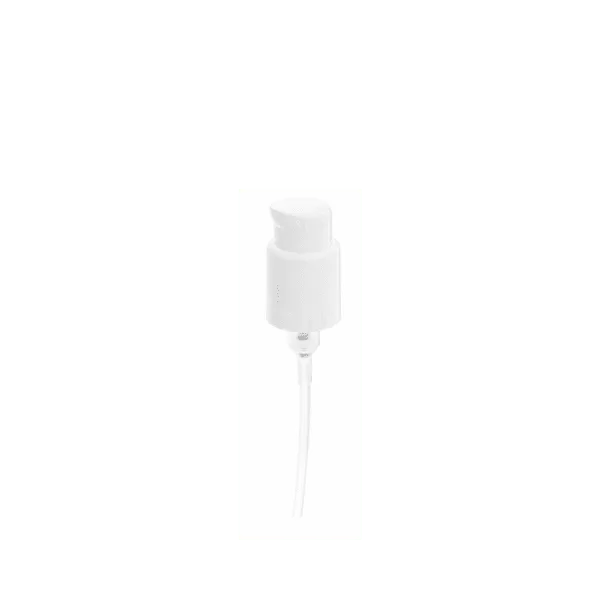 The image shows the Calaso PP Pump 24/410. It is a plastic pump dispenser with a smooth, cylindrical neck and a ribbed actuator. The pump is primarily white, designed to fit onto bottles with a 24/410 neck size. The actuator appears to be easy to press, making it suitable for dispensing various liquid products.