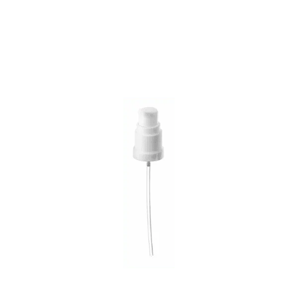 The image features the Calaso PP Pump DIN18. The product is a sleek and streamlined pump with a white plastic body and a nozzle that extends from the top. The pump appears to be designed for dispensing liquids, such as lotions or soaps. The overall design is minimalistic with clean lines, suitable for attachment to various types of bottles. The nozzle is slightly angled to facilitate easy dispensing.