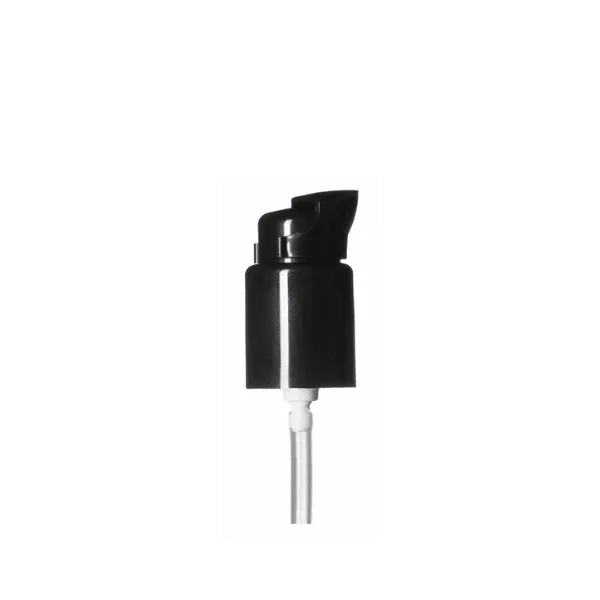 The image shows the Calaso PP Pump 18-415. It is a sleek, white plastic pump dispenser with a smooth, cylindrical body and a narrow nozzle. The pump head is designed for easy pressing, ensuring efficient dispensing of liquid products. The nozzle is elongated to provide precise application.