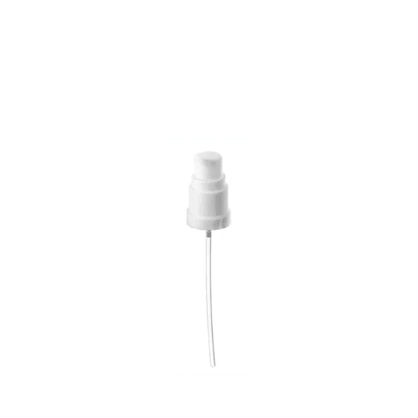 The image displays the Calaso PP Pump DIN18. This product is a white, cylindrical pump mechanism featuring a smooth, rounded actuator at the top. The pump has a slender dip tube extending downward, designed to fit into bottles with a DIN18 neck finish. The overall design is sleek and functional, suitable for dispensing various liquid products.