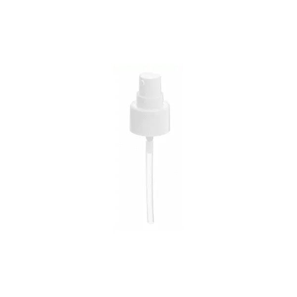 The image features the Calaso PP Pump 24/410 FPB15A3C007-001. The pump is white with a smooth, cylindrical body and a ribbed collar. The nozzle is designed for dispensing liquids, and it includes a clear tube extending from the base, intended to be inserted into a bottle. The overall design is sleek and functional, suitable for various liquid products.