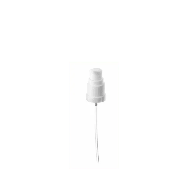 The image features the Calaso PP Pump DIN18 ABB02A3C011-001. It is a sleek, cylindrical plastic pump dispenser designed for dispensing liquids. The pump mechanism includes a smooth, rounded nozzle at the top, and the base is threaded to allow for secure attachment to compatible bottles. The entire pump is uniform in color, providing a clean and modern appearance.