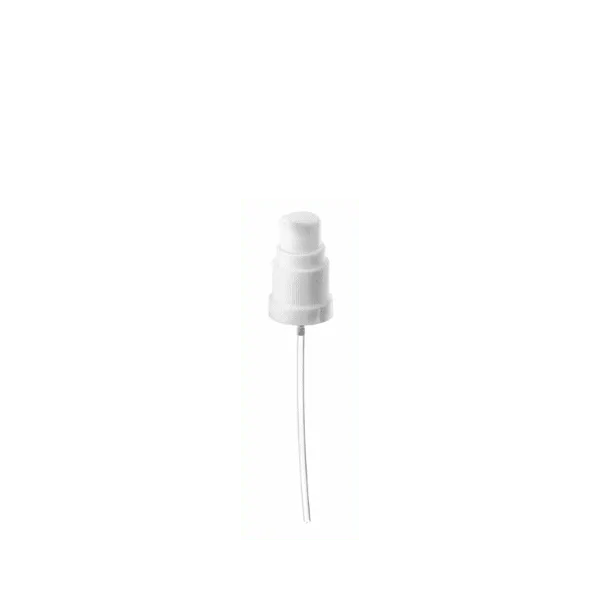 The image shows the Calaso PP Pump DIN18 ABB02A3C012-001. It is a plastic pump dispenser with a sleek, cylindrical shape. The pump has a smooth, white finish and a ribbed texture on the neck for easy grip. The nozzle is streamlined and slightly curved for efficient dispensing. The overall design is minimalist and functional.