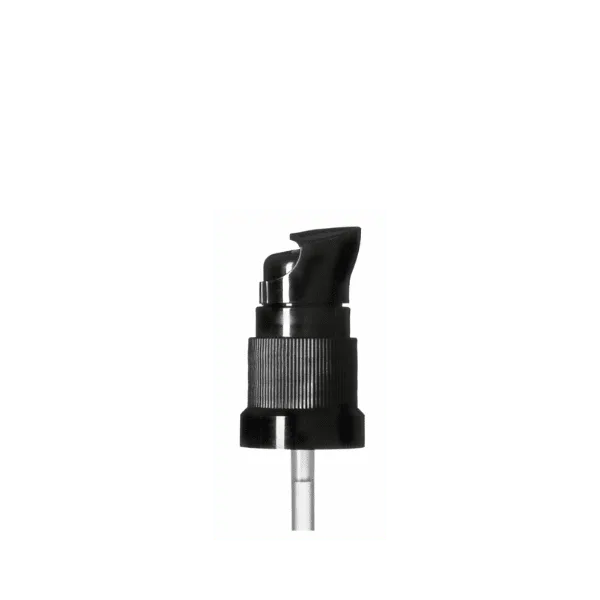 The image displays the Calaso PP Pump DIN18. It is a white plastic pump dispenser with a smooth cylindrical body and a long, narrow nozzle. The pump features a ribbed cap that screws onto the top of a bottle, providing a secure closure. The nozzle extends outward at an angle, designed for easy dispensing of liquid products. The overall design is sleek and functional.
