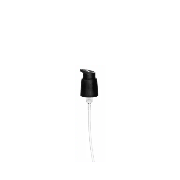 The image shows a Calaso PP Pump 24/410. It has a sleek, cylindrical design with a white plastic body. The pump features a ribbed collar for easy gripping and a smooth, curved actuator for dispensing liquid. The dip tube extends from the bottom of the pump, designed to reach deep into a container to dispense its contents efficiently. The overall design appears functional and straightforward, suitable for various liquid products.