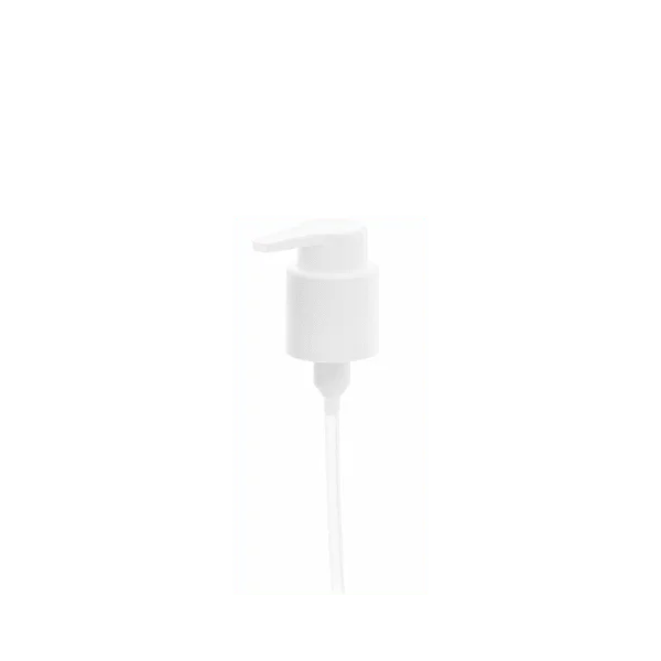 The image shows a "Calaso PP Pump 24/410" dispenser. The pump is white and features a ribbed neck for secure attachment. It has a sleek, cylindrical design with a smooth actuator for easy dispensing of liquids. The dip tube extends from the pump mechanism, designed to reach the bottom of bottles for efficient product use. The overall design is clean and functional.