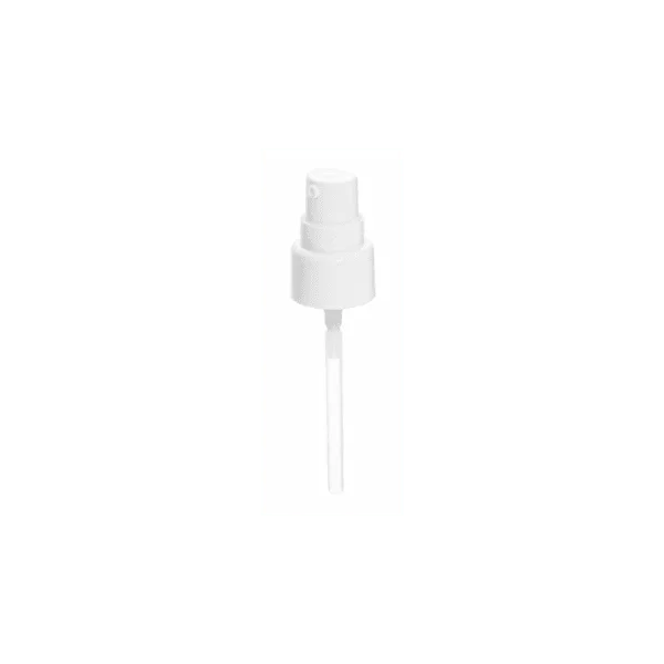 The image displays the Calaso PP Pump 20/410. It is a sleek, cylindrical pump dispenser made of polypropylene (PP) plastic. The pump features a smooth, rounded actuator on top and a ribbed collar for easy grip when twisting it onto a bottle. The nozzle is designed for precise dispensing of liquid products. The overall design is minimalistic and functional, suitable for various liquid dispensing needs.