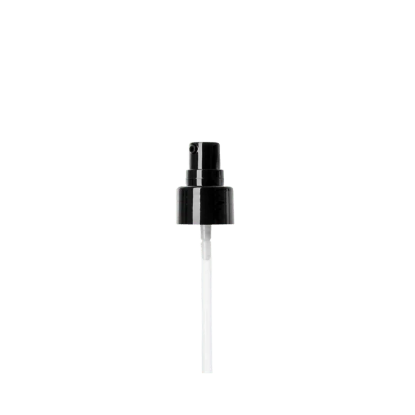 The image features the Calaso PP Pump 24/410 FPB15A3C005-200. It is a plastic pump dispenser with a smooth, cylindrical body and a ribbed collar for secure attachment to a bottle. The pump has a long, slender nozzle that extends from the top, designed for dispensing liquids in controlled amounts. The entire pump is rendered in a sleek, uniform white color.