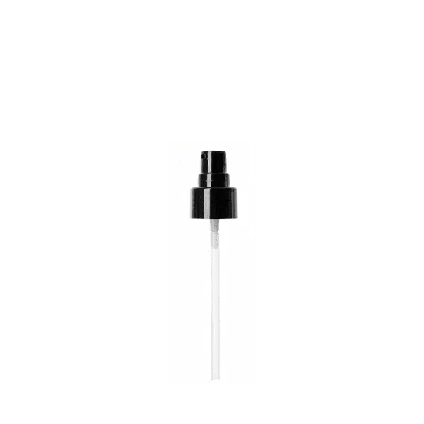 The image shows the Calaso PP Pump 24/410 FPB15A3C010-200. It is a white plastic pump with a ribbed screw-on collar designed for dispensing liquids from bottles. The pump features a long, slender dip tube extending downwards, and the actuator is a smooth, rounded button for easy pressing. The pump's clean and simple design is suited for various liquid products, such as lotions or soaps.
