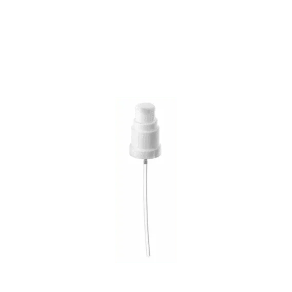 The image displays a Calaso PP Pump DIN18 ABB02A3C030-001. The pump has a sleek, cylindrical design with a smooth, white finish. The dispensing nozzle is slightly curved and extends outward for ease of use. The base of the pump is threaded to fit securely onto compatible containers. The overall design is clean and functional, suitable for various liquid dispensing applications.