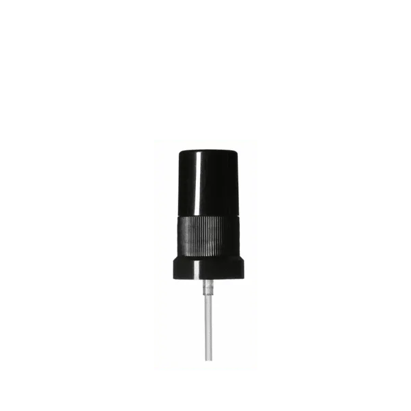 The image shows the Calaso PP Sprayer DIN18. It features a cylindrical spray nozzle attached to a long, slender pump mechanism. The sprayer is predominantly white and has a ribbed texture on the nozzle for better grip. The base of the sprayer is designed to fit onto a bottle with a DIN18 neck size. The overall design is sleek and functional, suitable for dispensing liquids in a fine mist.