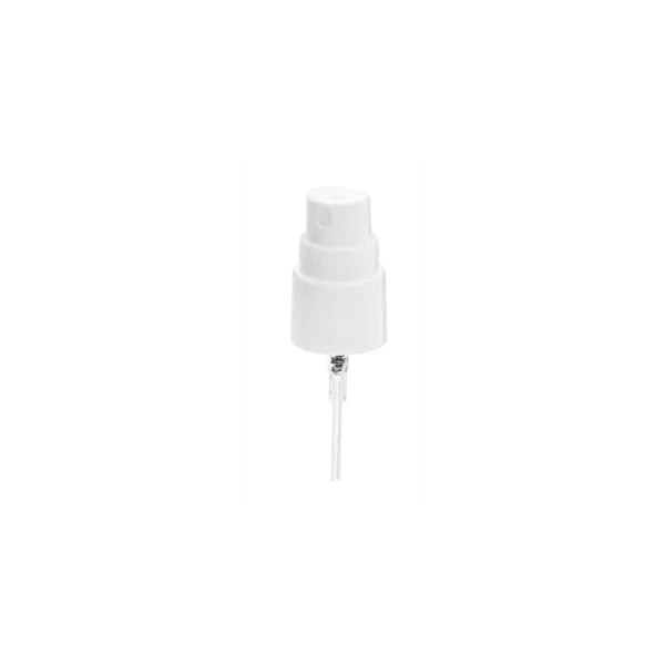 The image shows the Calaso PP Sprayer 24/410. It is a white plastic spray pump with a ribbed texture on the collar for grip, and it appears to have a smooth actuator. The sprayer is designed for attaching to bottles and includes a clear plastic overcap to protect the nozzle. The sprayer's tube extends downward, indicating it is intended for dispensing liquid products. The overall design is simple and functional.
