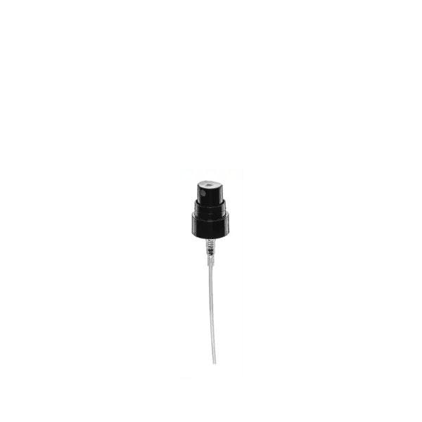 The image depicts the Calaso PP Sprayer 18-400 FPB05A3B003-200. It is a white, plastic spray nozzle with a ribbed collar designed to fit onto a bottle with an 18-400 neck finish. The sprayer includes a clear plastic tube that extends downward, designed to reach the liquid contents of the bottle. The nozzle head has a rounded design for easy pressing, and it features a small opening for dispensing the spray. The overall design is practical and functional for a variety of liquid dispensing needs.