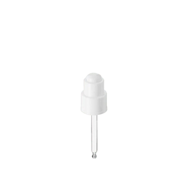 The image shows the Calaso PP Dropper 24/410 VPB15A3A001-001. It is a plastic dropper with a clear pipette and a white bulb top. The dropper is designed to fit bottles with a 24/410 neck size. The clear pipette allows for precise measurement and dispensing of liquids, while the white bulb provides a secure grip for easy use.