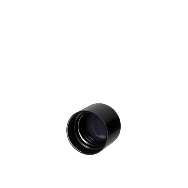 The image shows the Calaso PP Threaded Closure DIN18 EGB02A1A001-200. The product is a black, cylindrical plastic closure designed for sealing containers. The closure features threading on the inside, allowing it to be securely screwed onto a compatible container. The top of the closure is flat and smooth.