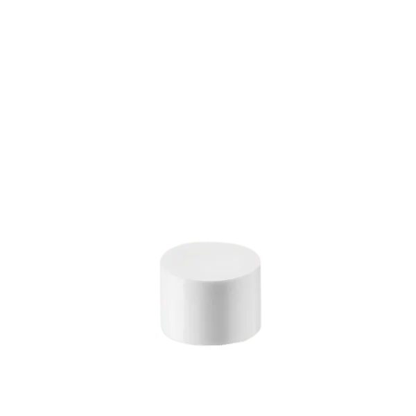 The image depicts the Calaso PP Threaded Closure 20-410 MCB09A1A001-001. It is a small, cylindrical, white plastic screw cap designed for bottles. The cap has a smooth, glossy surface with evenly spaced vertical ridges along the sides for grip. The top of the cap is flat and unmarked. The threaded interior is visible at the bottom of the cap, indicating that it is designed to securely screw onto a compatible bottle.