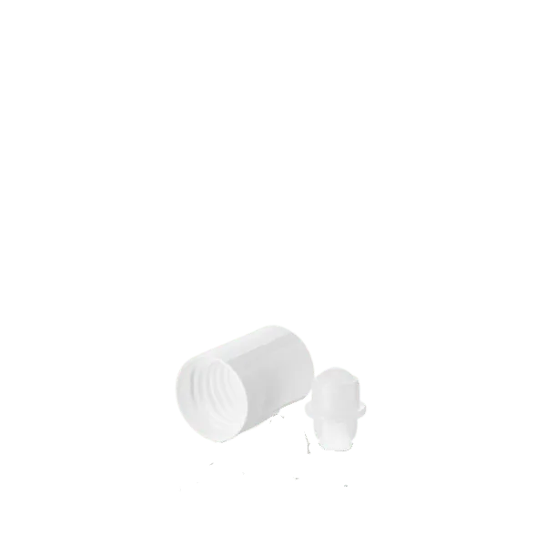 The image displays the Calaso PP Threaded Closure DIN18 (EGB02A2C005-001). It is a small, cylindrical, white plastic cap with a threaded design suitable for screwing onto compatible containers. The closure has a smooth exterior surface with a slight indentation at the top center. The threads are visible on the interior rim of the cap, indicating its screw-on functionality.