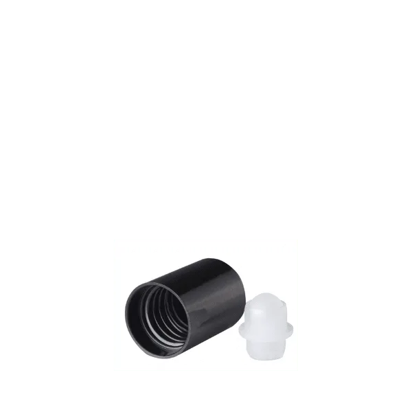 The image shows a black, cylindrical, plastic cap with a textured grip and threaded interior. This closure is designed to fit onto a container with a DIN18 neck finish. The product name is "Calaso PP Threaded Closure DIN18 EGB02A2C005-200."