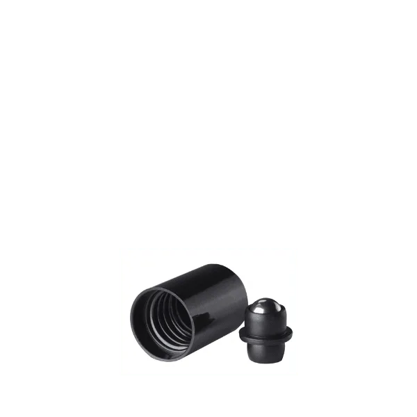 The image shows the Calaso PP Threaded Closure DIN18 EGB02A2C001-200. This product is a black, circular, polypropylene (PP) cap with a threaded design, intended for sealing bottles with a DIN18 neck finish. The cap features a smooth, slightly glossy surface and a ridged edge for better grip.