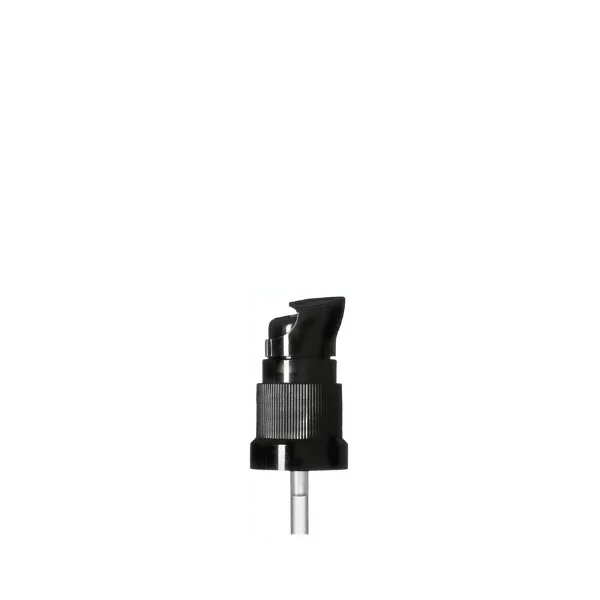 The image displays the Calaso PP Pump DIN18. It features a sleek, cylindrical design with a smooth, shiny black finish. The pump top has a flat, circular dispenser head with a small nozzle for dispensing liquid. The base of the pump is designed to screw onto a compatible bottle, indicated by the threaded interior visible at the bottom of the pump. The overall design is modern and minimalist.