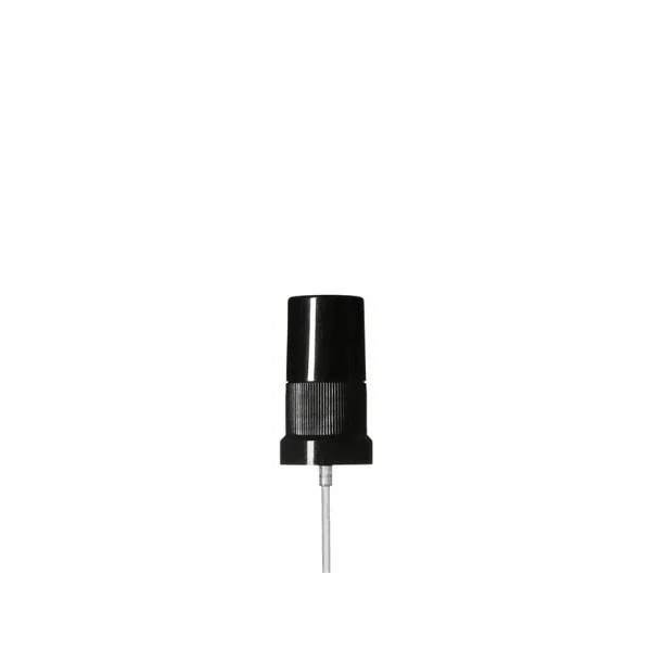 The image shows a Calaso PP Sprayer DIN18. This product features a white plastic spray nozzle attached to a transparent pump mechanism. The nozzle has a horizontal spray head with a small opening for dispensing liquids. The transparent mechanism below the nozzle allows visibility of the internal components. The sprayer is designed to be attached to a bottle via a standard DIN18 screw thread. The overall appearance is clean and functional, suitable for various liquid dispensing applications.