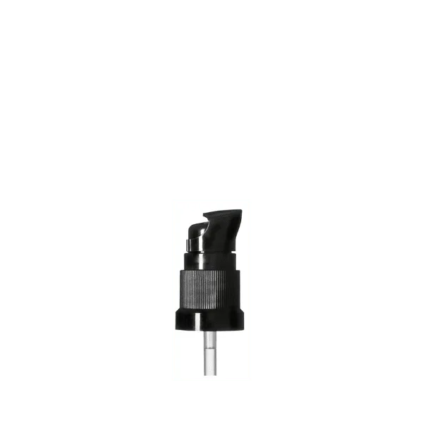 The image features the Calaso PP Pump DIN18. The pump is white and has a sleek, cylindrical design. It includes a ribbed collar for secure attachment and a smooth actuator for easy dispensing. The product is positioned vertically, showcasing its clean and modern appearance, suitable for various liquid dispensing needs.