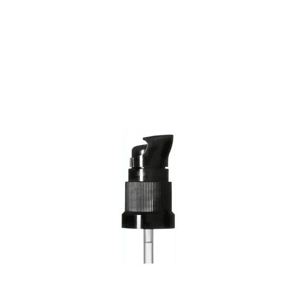 The image shows the Calaso PP Pump with a DIN18 neck. The pump is designed for dispensing liquids and features a sleek, cylindrical shape with a smooth, white finish. The pump head includes a nozzle for dispensing, and there is a ribbed section near the base for ease of grip and attachment. The overall design is simple and functional, suitable for various liquid products.