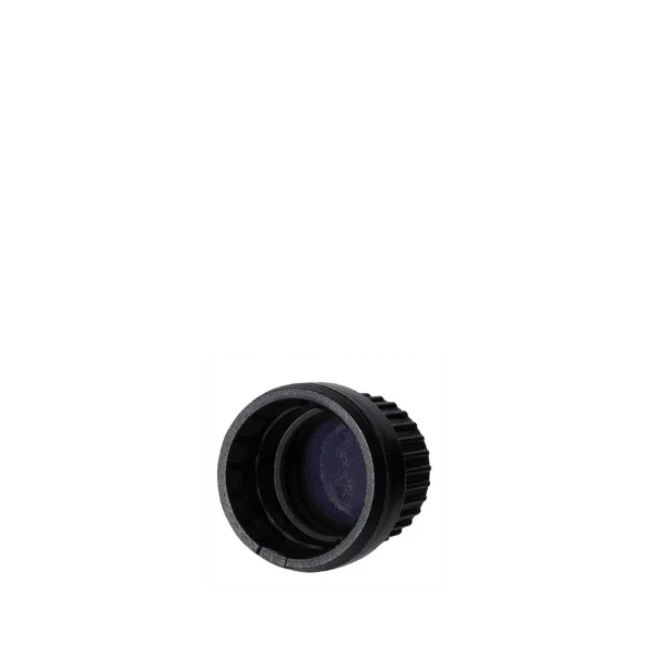 The image depicts the Calaso PP Threaded Closure DIN18 RGB02D1A001-200. It is a small, cylindrical cap designed to screw onto a bottle or container. The cap is shown in a neutral, opaque color and features threading on the inside to ensure a secure fit. The exterior surface appears smooth, and the top is flat. 