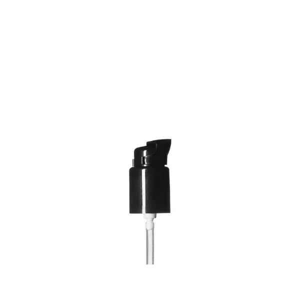 The image shows the Calaso PP Pump 18/415, a sleek and modern dispensing pump. The pump features a smooth cylindrical body with a ribbed neck for easy grip and attachment to bottles. It is predominantly white with a glossy finish, and the pump head is designed for efficient liquid dispensing. The nozzle appears to be slightly angled to facilitate better control of the dispensed product. The overall design is functional and aesthetically pleasing, suitable for various liquid products.