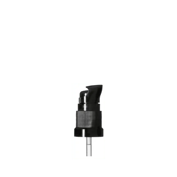 The image shows the Calaso PP Pump DIN18. The pump features a sleek and modern design with a smooth, cylindrical neck that fits DIN18 bottle openings. It is composed of a sturdy plastic material, with a white actuator and a clear dip tube visible. The pump is designed for dispensing liquids and has a functional yet visually appealing appearance.