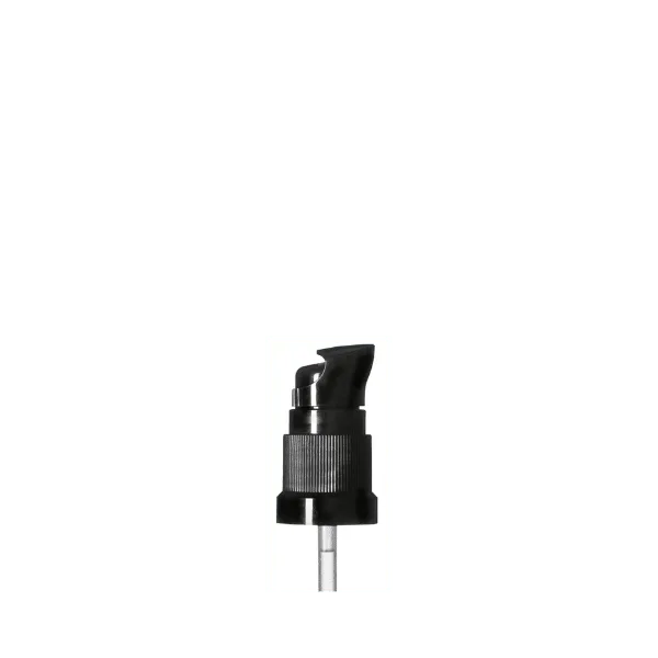 The image shows the Calaso PP Pump DIN18, a plastic pump dispenser designed for bottles. The pump is white and features a long, narrow nozzle for precise dispensing. It includes a ribbed collar for easy gripping and secure attachment to the bottle. The pump is shown against a plain white background.