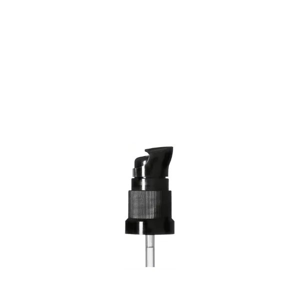 The image shows the Calaso PP Pump DIN18. It features a sleek, cylindrical design with a smooth, white finish. The pump has a simple, modern appearance with a long, narrow nozzle for dispensing liquids. The top of the pump is flat and can be pressed down to dispense the product. The pump mechanism is integrated into a cylindrical cap that screws onto a bottle with a DIN18 neck finish. This image highlights the clean lines and functional design of the Calaso PP Pump.