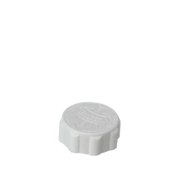 The image depicts the MRP Solutions PP Threaded Closure 33-400. This product is a white, circular plastic cap with threaded grooves on the inside, designed to securely seal containers with a 33-400 neck finish. The top surface of the cap is smooth and flat, with a slight bevel around the edge.