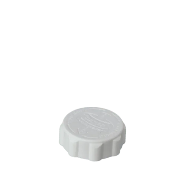 The image shows a product named "MRP Solutions PP Threaded Closure 38-400 (ES038)." It is a white, cylindrical plastic cap with a ribbed outer surface for easy gripping. The top of the cap is flat and smooth, while the threading inside the cap is designed for secure attachment to compatible containers with a 38-400 neck finish. The cap appears to be made of polypropylene (PP) material.