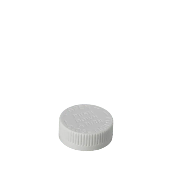The image displays the MRP Solutions PP Threaded Closure 38-400 DB038. It is a circular, white plastic cap with a smooth surface and threading on the inside designed to screw onto a compatible bottle. The top of the cap is flat and unmarked, while the sides have vertical ridges for better grip during opening and closing.